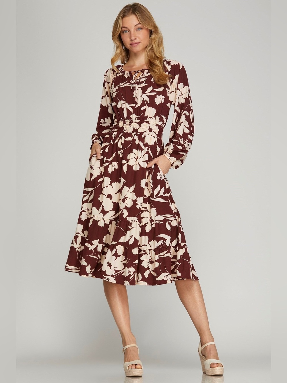 Brand NEW!! She + Sky Burgundy and Cream Floral Long Sleeve Midi Dress